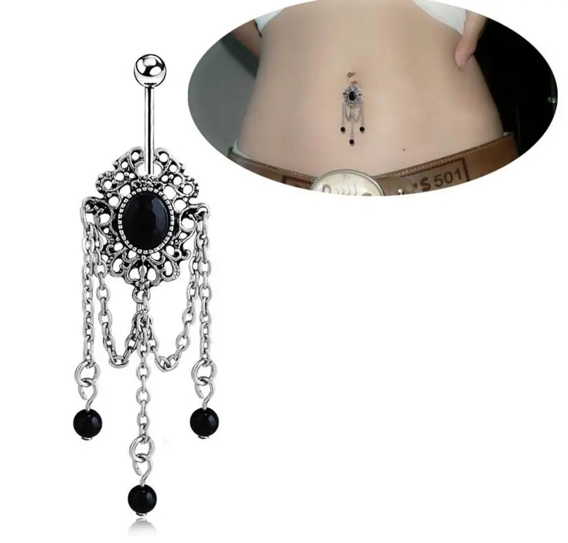 

Women's black Rhinestone Tassels Dangle Barbell Body Piercing Belly Navel Bar Ring 316L surgical Steel