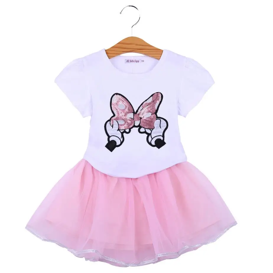 Комплект одежды для девочек, летние хлопковые комплекты одежды с короткими рукавами и Микки и Минни для девочек, рубашка и юбка, 2 предмета, детская одежда