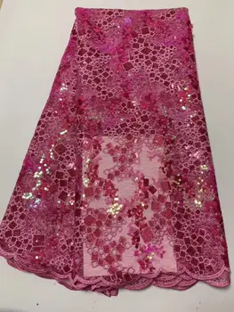 

2019 High Quality French 3D Tulle Pink red African Lace Fabric Sequins Embroidered Nigerian Lace Fabrics For Women Dress 5 Yards