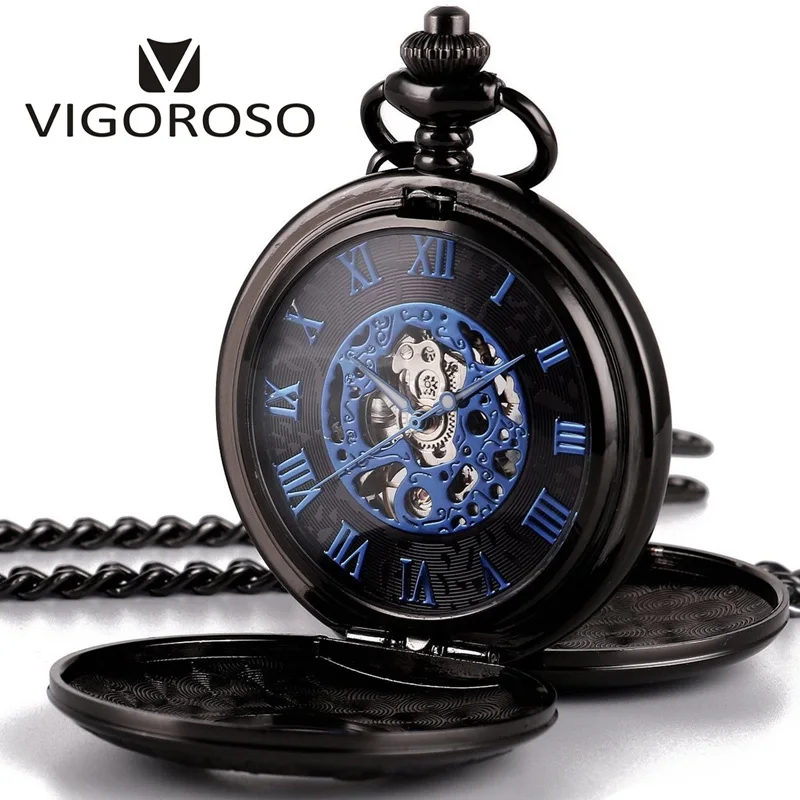 Antique Skeleton Blue Roman Numerals Dial Black Alloy Case