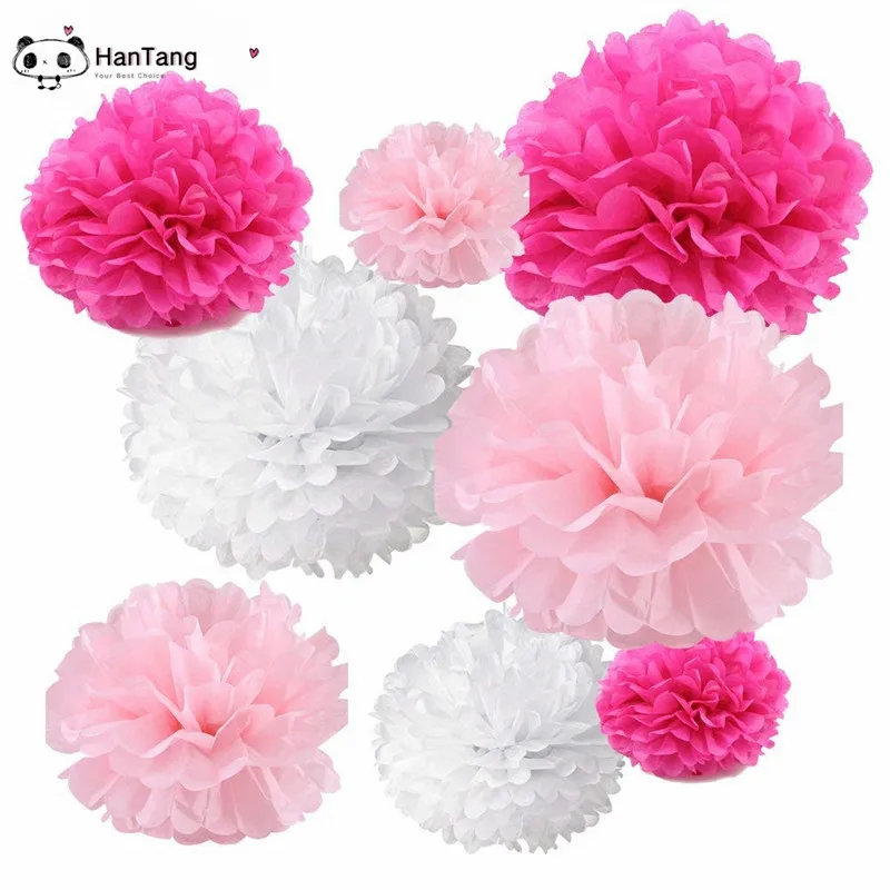 5pcs/Pack 15cm,20cm, White/Light Purple Tissue Paper Pom Poms For Baby Girl Princess Birthday Party Wedding Party Decoration 5z