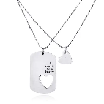 

New Fashion "I carry your heart with me" Dog Tag Heart Cut Out Charm Pendant Necklace Couple Necklace Wholesale 20sets/lot