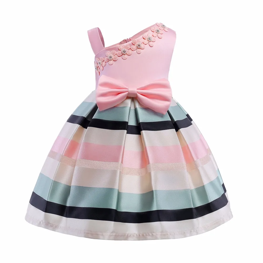 Платье для девочек «меларио» новое асимметричное платье с открытыми плечами для девочек платье принцессы с бантом и жемчужинами детская одежда праздничное платье в полоску, размеры от 3 до 8 лет