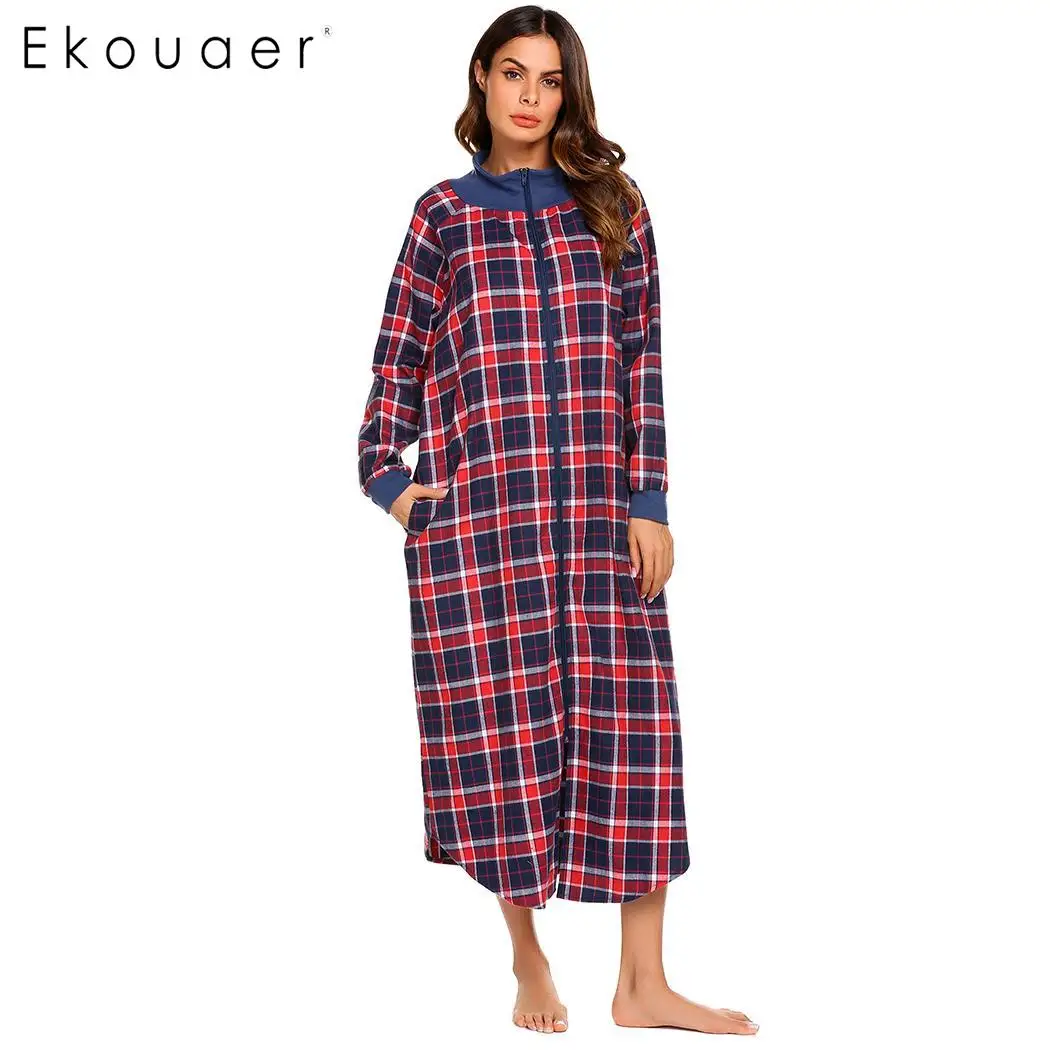 Ekouaer Lingerie Night Dress Women Long Nightgown Long Sleeve Stand