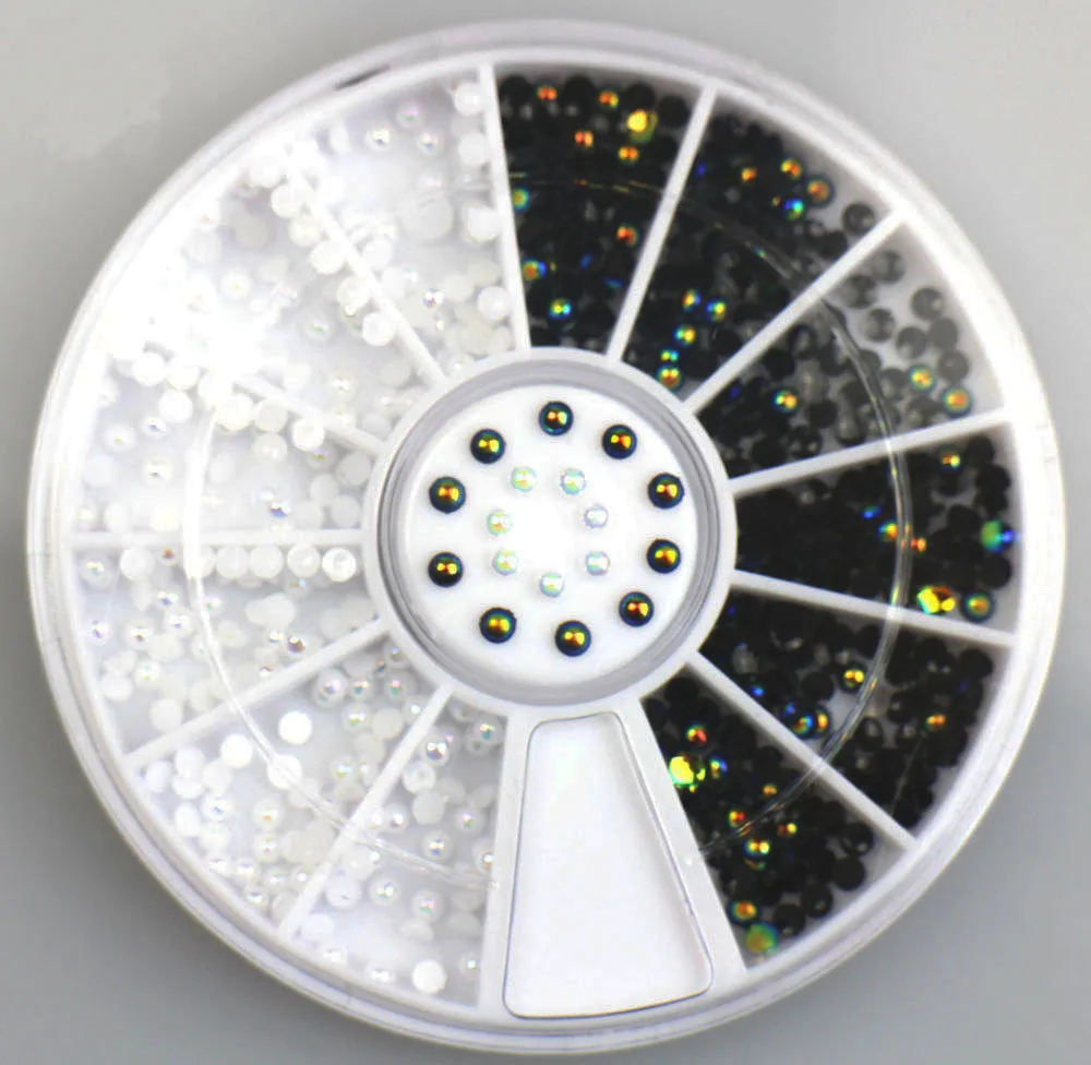 

1 Wheel Black/White With Shiny Jelly Colors 3d FlatBack Round 2mm Nail Art Decorations Nail Art Studs DIY Rhinestones Tools