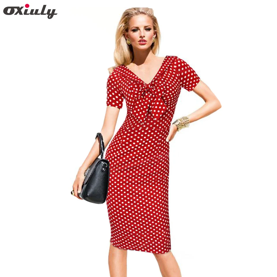 

Oxiuly Womens Elegant Vintage Rockabilly Spring Polka Dot Print Pin Up V Neck Bow Party Clubwear Sheath Bodycon Dress