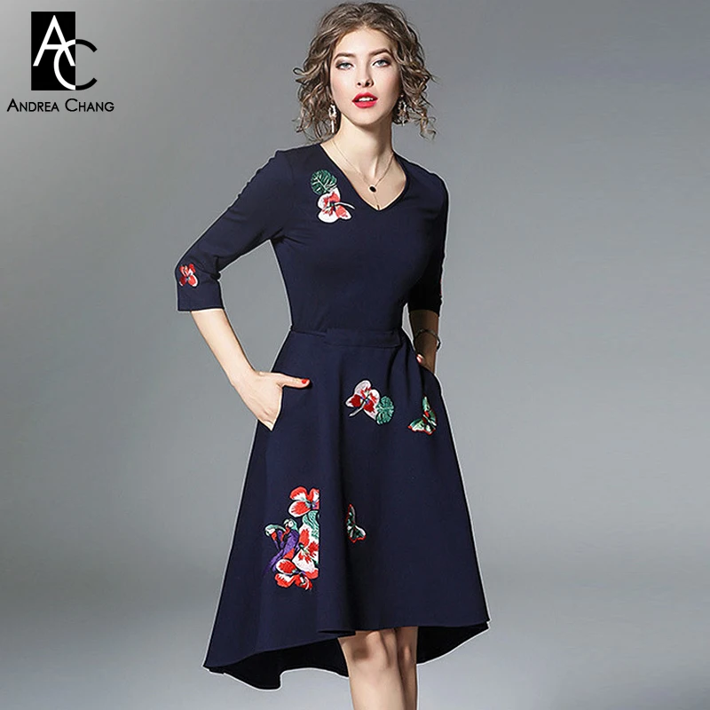 

S-XXL spring summer woman dress colorful floral pattern embroidery dress v-neck asymmetric bottom 3/4 sleeve dark blue dress