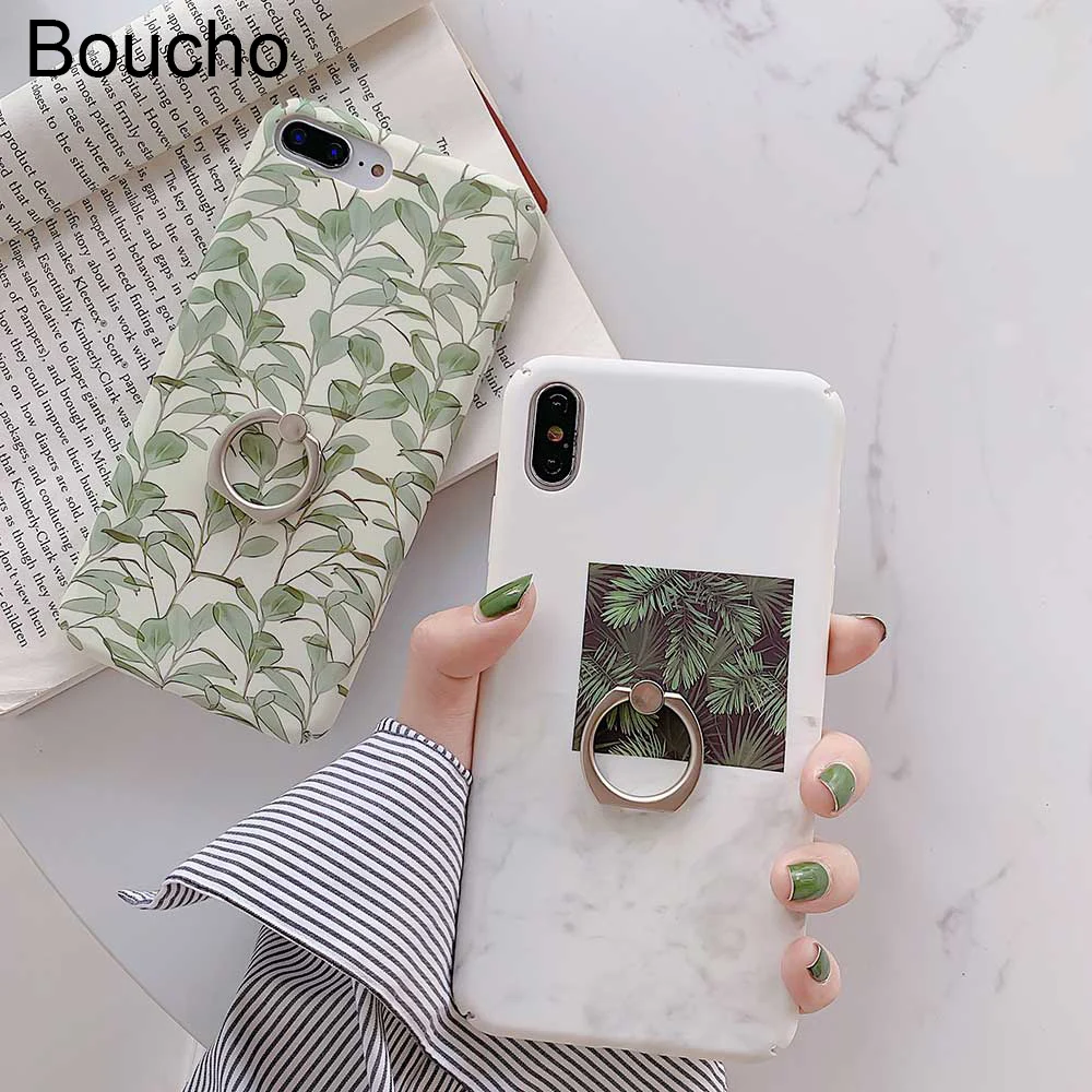 

Boucho Colorful Plant green leaf Pattern Case For Apple iphone 8plus XS MAX XR X 7 8 plus 6 6s plus Phone Case With Finger Ring