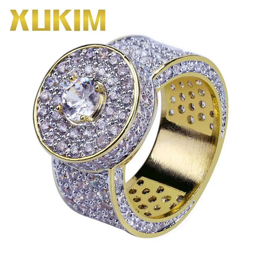 Xukim ювелирные изделия полный Iced Out классический большой Roung золотые кольца для мужчин AAA кубического циркония хип хоп рок-рэпер вечерние ве