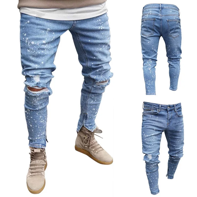 

Litthing Mens Biker Demin Jeans Stretch Destroyed Ripped Pants Printed Fashion Design Soft Skinny Hole Jeans For Male Bottoms