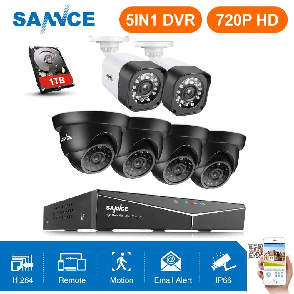 

SANNCE 720P HD 6pcs 8CH 5 IN 1 DVR KIT Surveillance System Security CCTV Camera HDD Video Recorder Night Vision Remote Access
