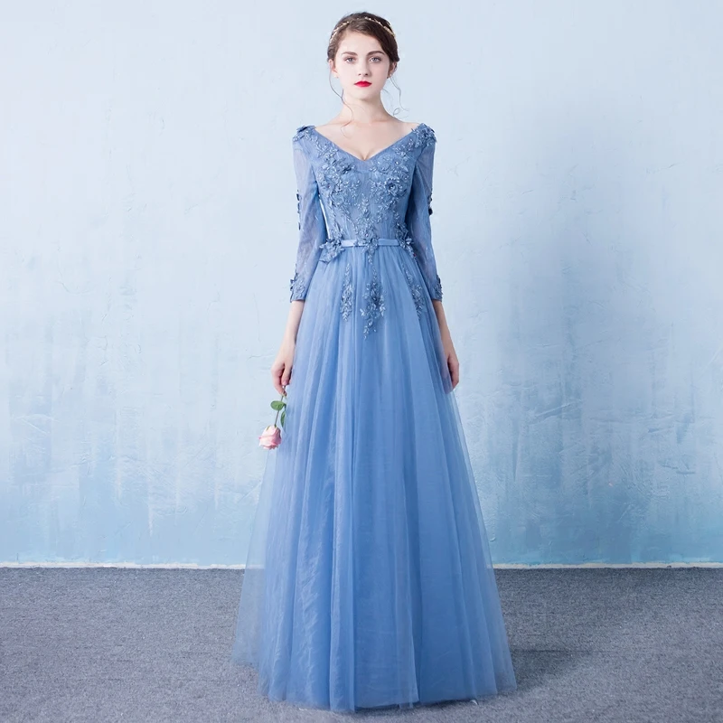 Evening Dress Long Sleeve 2019 A line Flowers V Neck Pink Lace Flowers Tulle Prom Dresses Lace Up Robe De Soiree Longue Dentelle