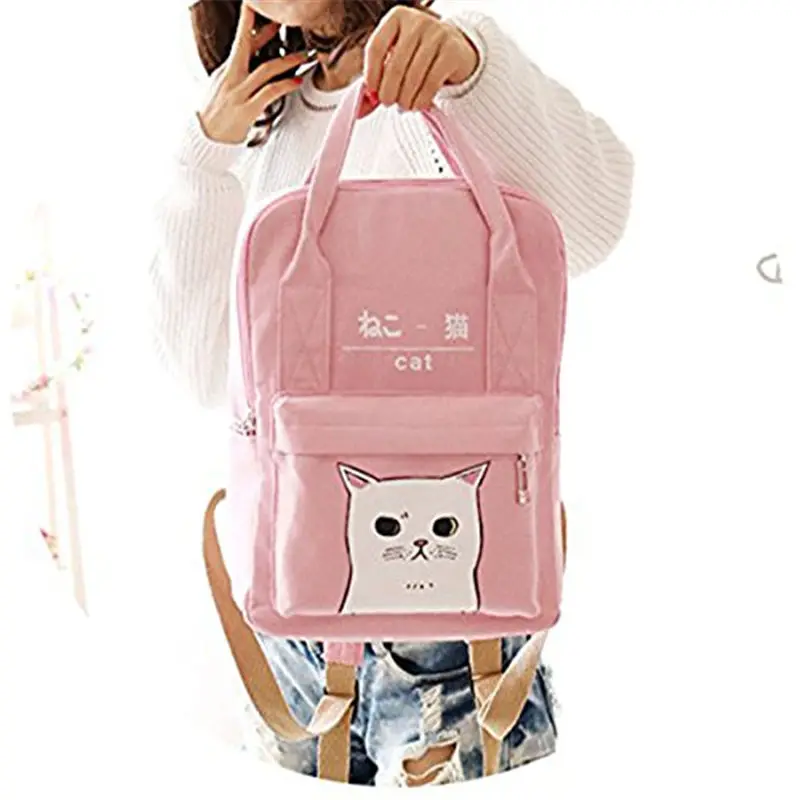 Kawaii аниме Кошка Холст Рюкзак для девочек-подростков Повседневная дорожная сумка для колледжа розовая сумка для книг женская сумка для ноутбука синяя сумка