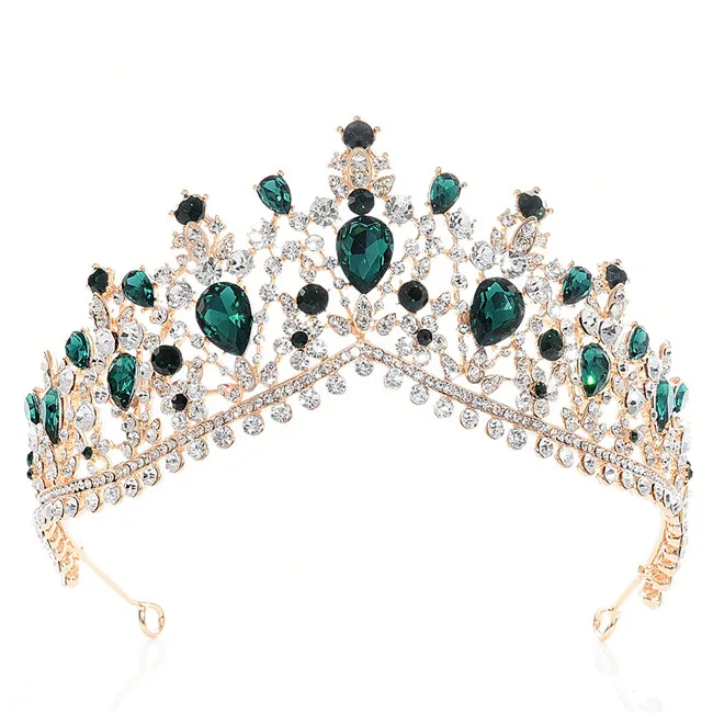 DIEZI барокко черный зеленый камень кристалл диадема в виде короны невесты повязка на голову для свадьбы свадебная диадема Королева Корона аксессуары для волос - Окраска металла: green gold