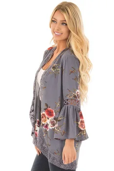 

Hot sale Women Gray Cardigan Long Sleeve Female Tops Lace Cardigan Autumn Patchwork Floral Lady Kimono Cardigan Outwear