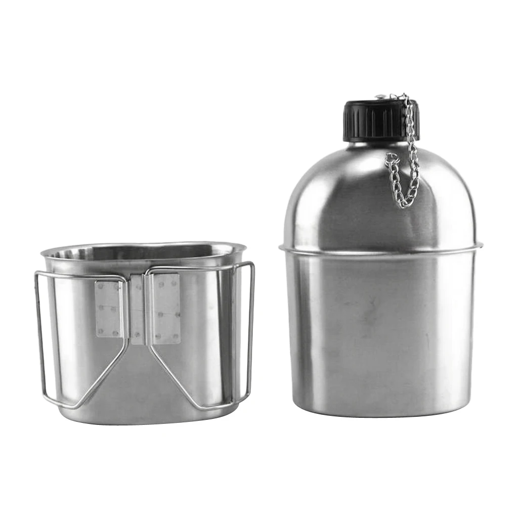 Outdoor Camping Stainless Steel 1L Kettle and 0.6L Water Cup Set for Outdoor Adventures Camping Hiking Picnic BBQ Tableware