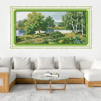 

Green Trees Along the River Cross Stitch Kits 11CT Printed Fabric 14CT Counted Canvas DMC Chinese Cross-stitch Embroidery Set