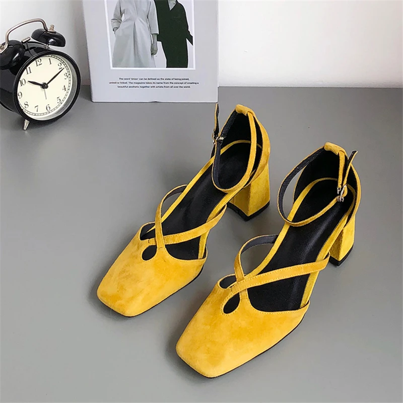 Damen Schnalle Solide gebunden Kreuz Echtem Sandalen Casual Platz Toe Heels Schwarzes brown 2019 Suede Gelb Sommer Elegante Msstor Leder kid wv5Zqdzwx