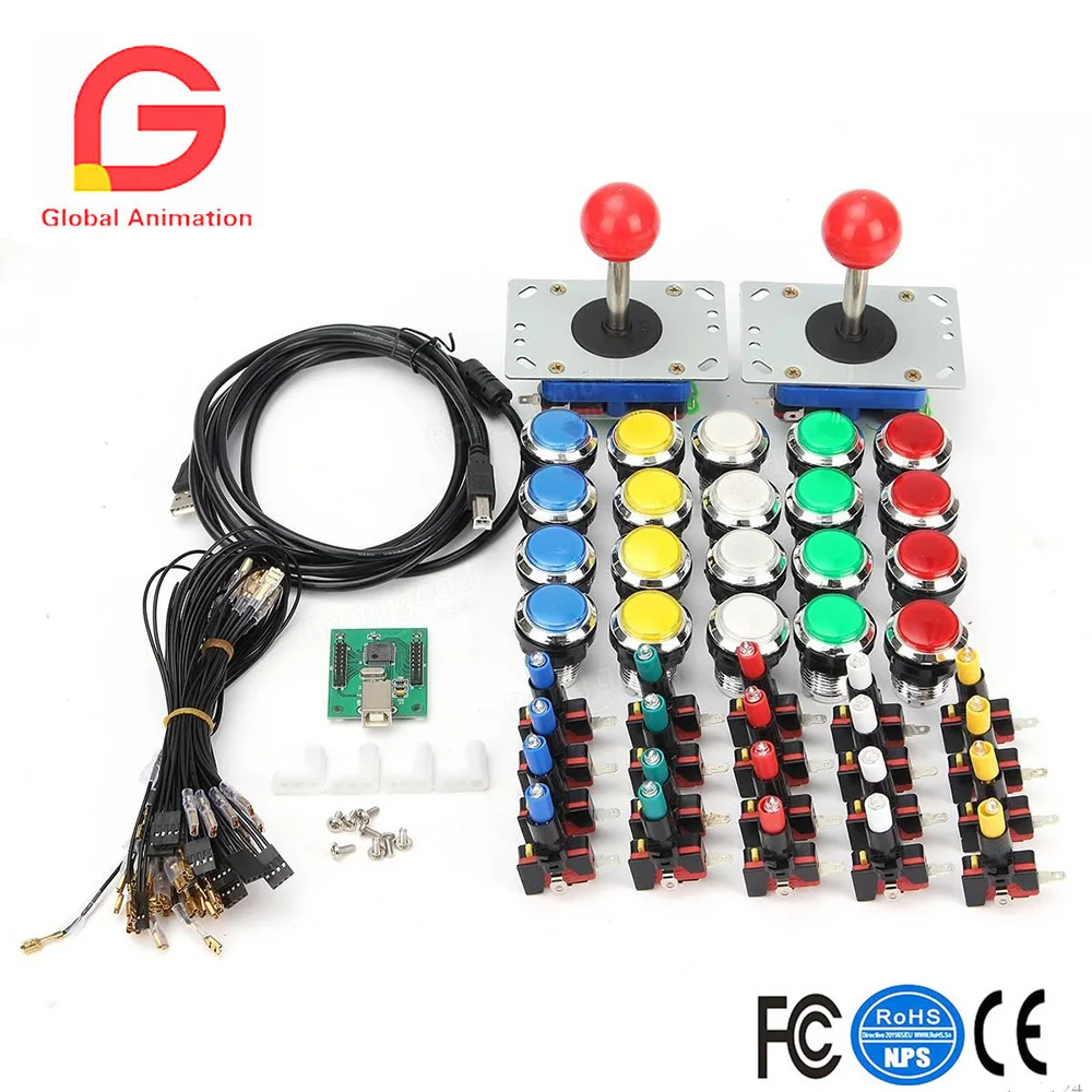 

LED Arcade USB Joystick 32mm Small Round Silver Plating Push Button With Microswitches USB Encoder DIY Kit