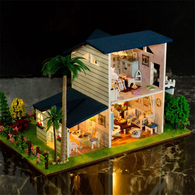 iiE CREATE 2018 New DIY 3D Toys Wooden Miniature With LED+Furniture+Cover Doll house room Toys for children Lover Gift (2)