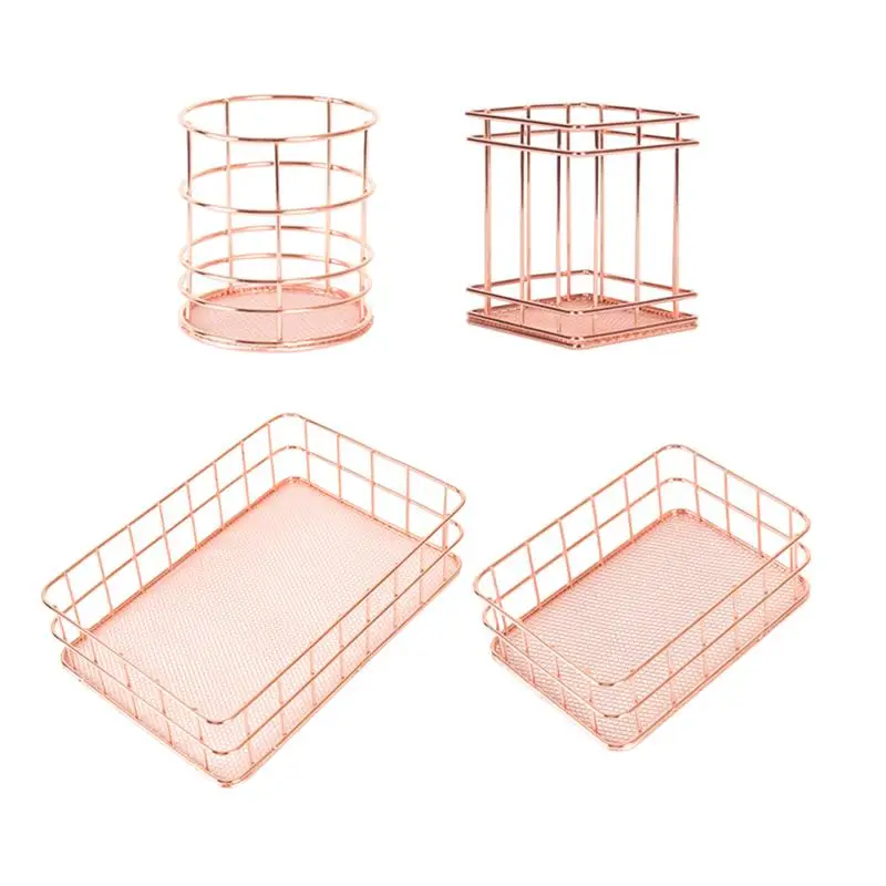 

4pcs Nordic Style Rose Gold Metal Iron Storage Pen Container Tray Basket Holder Desktop Stationery Organizer