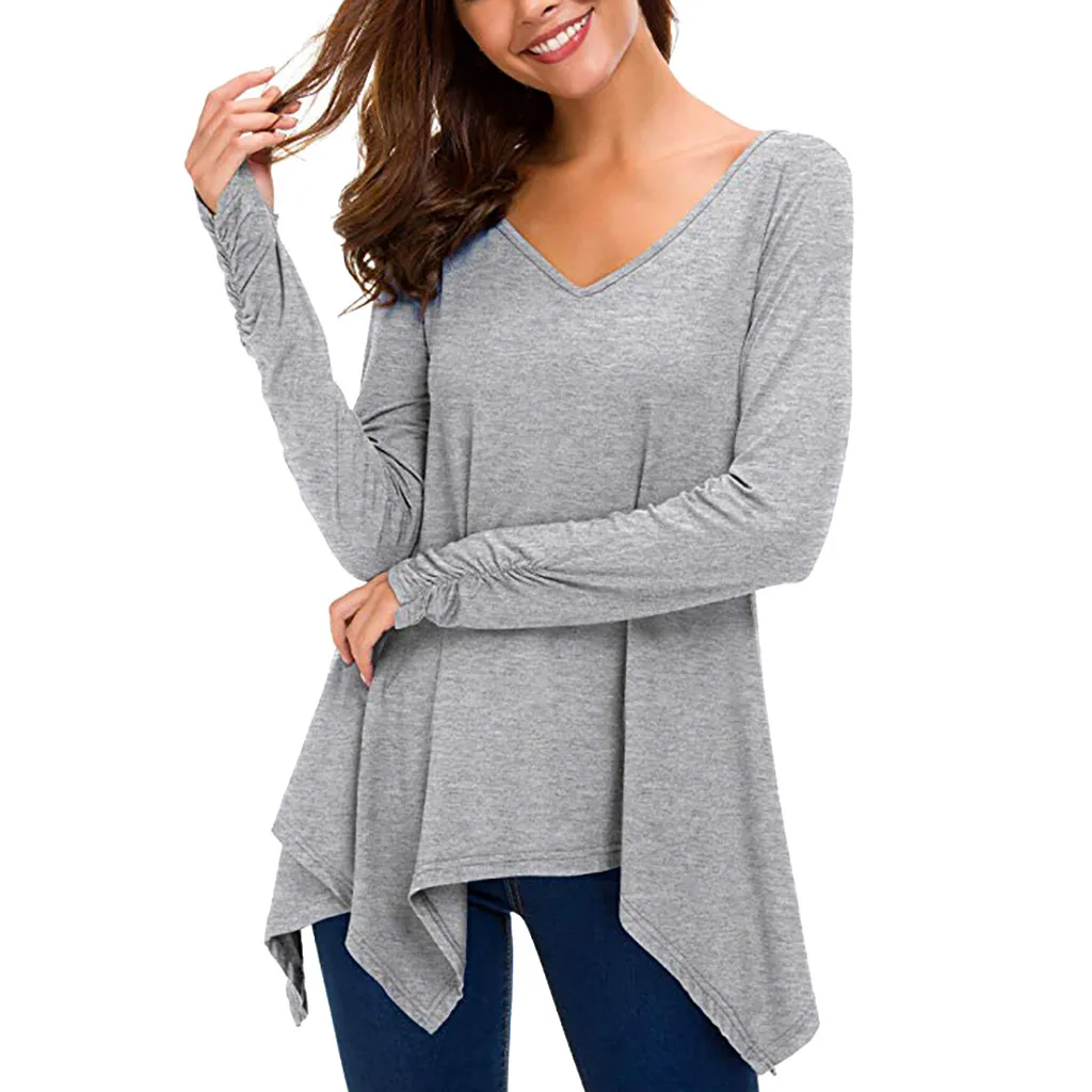 Women Long Sleeve Handkerchief Tunic V neck Top with Thumb Hole Basic