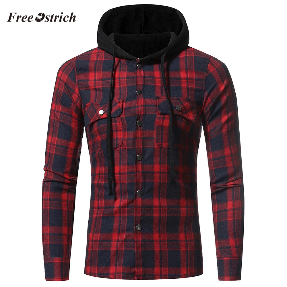 

Free Ostrich Men's Plaid Hooded Shirt Long Sleeved Sweatershirt Single Breasted Cotton Hoodies Coats Fashion And Sport Blouse