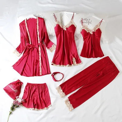 Daeyard женские Модные 7 штук пижамы наборы шелк Embroideryed пижамы Для женщин пикантные кружевные пижамы наборы Весна Летняя домашняя одежда - Цвет: wine red
