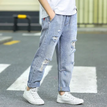 

Kids Jeans Teenage Boys Autumn Classic Long Pant Fashion Hole Denim Trousers Child Casual Jeans for Boys Clothing 10 Years 6-14Y