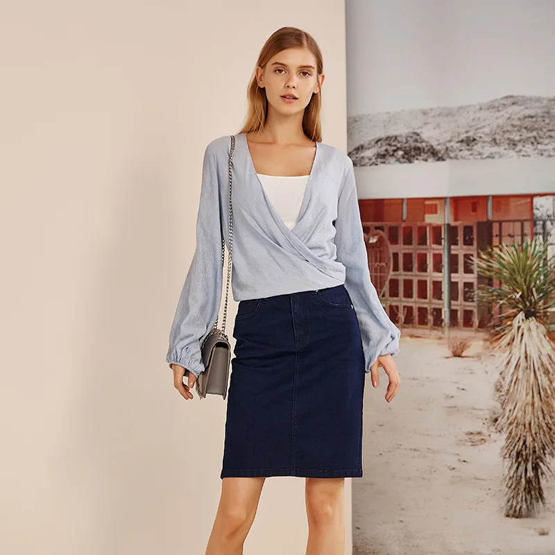 

YEATION Woman Skirt Casual Solid Denim Skirts with Pockets