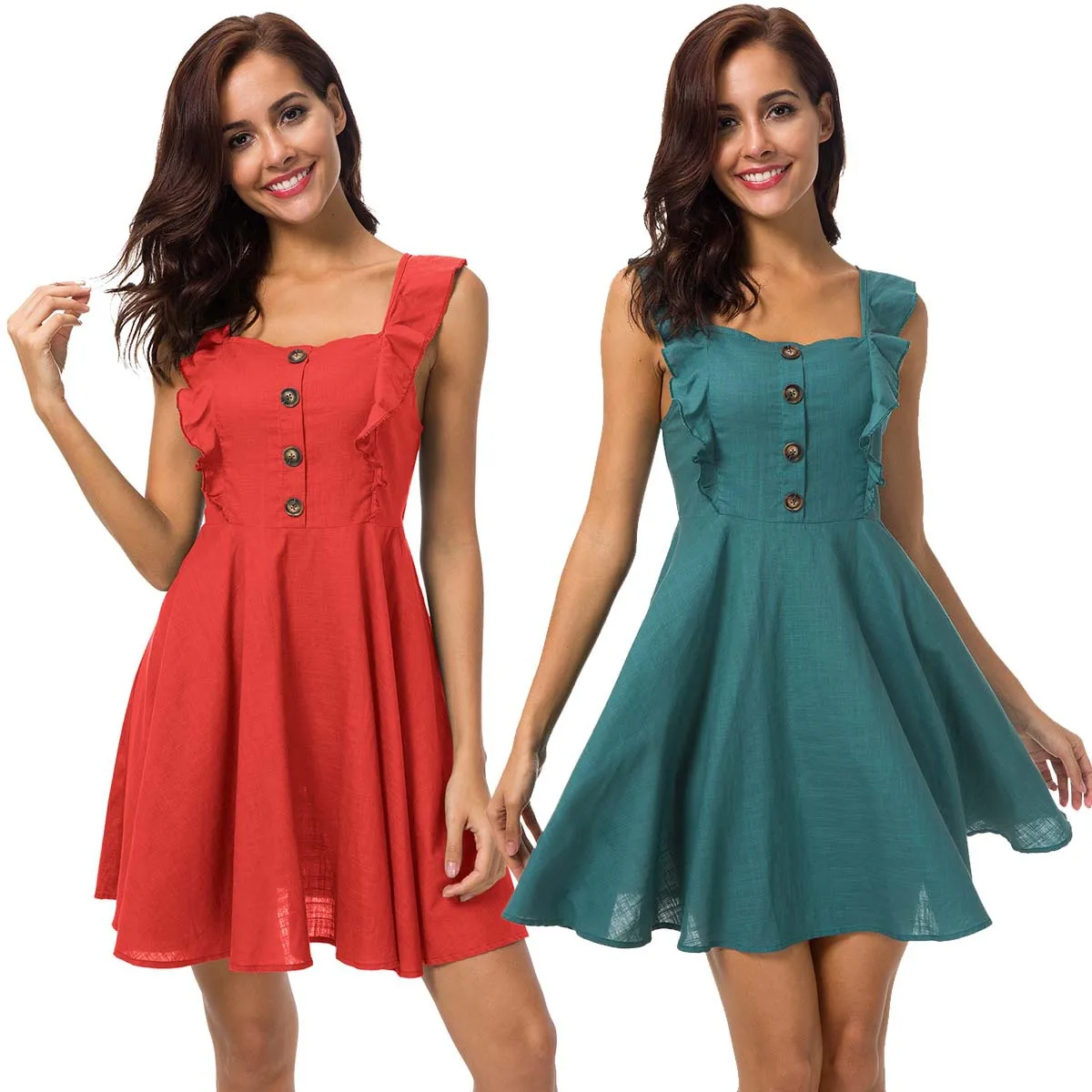 1pc Women Girl Skater Pleated Short Braces Dress Preppy Style Red Green
