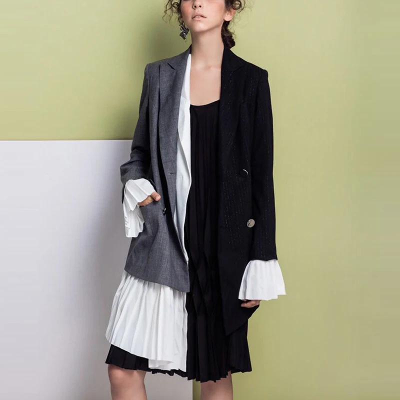 TWOTWINSTYLE лоскутное шифон ассиметричный пиджак пальто для женщин расклешенные с длинным рукавом Пиджаки Топы Женская модная одежда Корейский Ne
