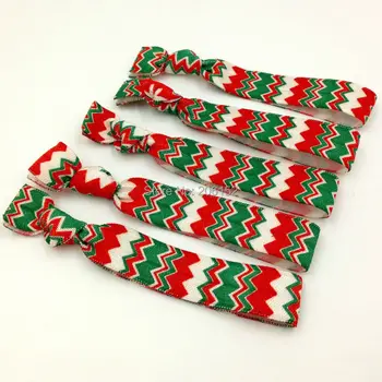 

Christmas Hair Elastic Band Green White Red Chevron Hair Band 5/8" FOE Ribbon Hair Tie Wholesale Ponytail Holder for Christmas