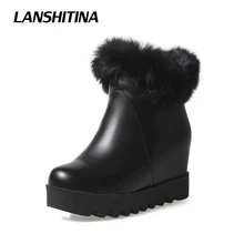 LANSHITINA Winter Short Boot Women Ankle Boots Snow White Feather Boots Ankle Boots Fur Warm Footwear High Increase Shoes G003
