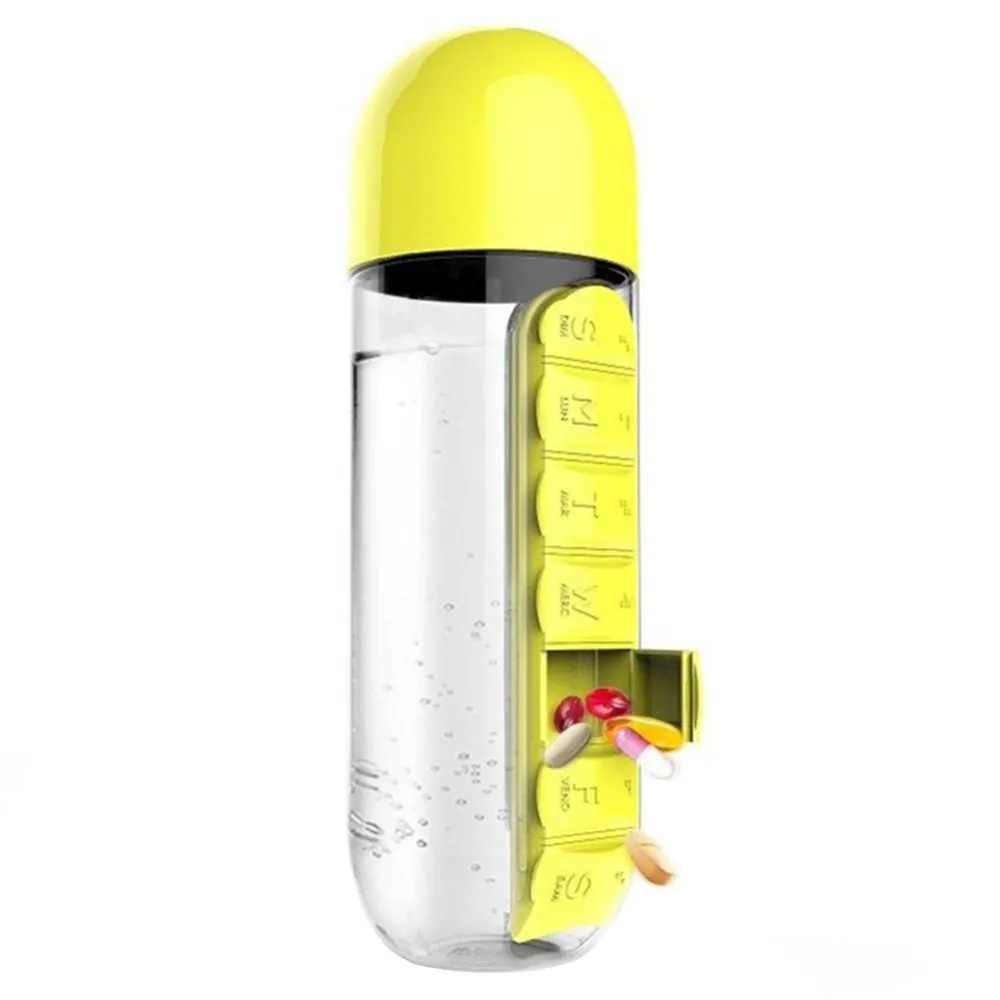600 мл пластиковая бутылка для воды с коробкой для ежедневных таблеток Органайзер бутылки для питья спортивные походные бутылки - Цвет: Yellow