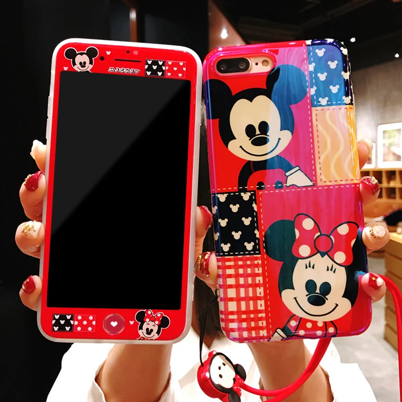 New Mickey Minnie case for iPhone 8/7 plus cute blue ray cover for iPhone 6 6s & tempered glass front film cartoon girl gift
