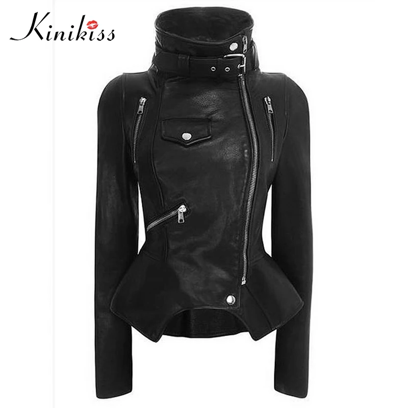 Kinikiss, женское осеннее готическое пальто из искусственной кожи, зимняя мотоциклетная Черная куртка на молнии, модная верхняя одежда, куртка из искусственной кожи