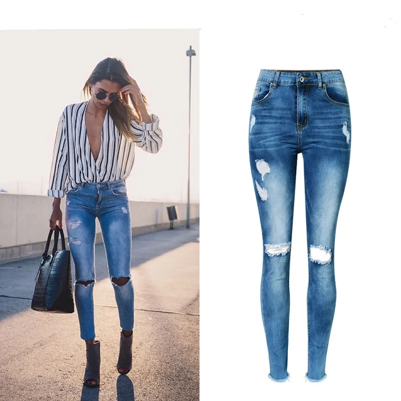 Jeans High Waist Ripped Hole Women Boyfriend Jeans Navy Blue Cotton Skinny Denim Push Up Bleached Fashion Female Jeans Femme (12)