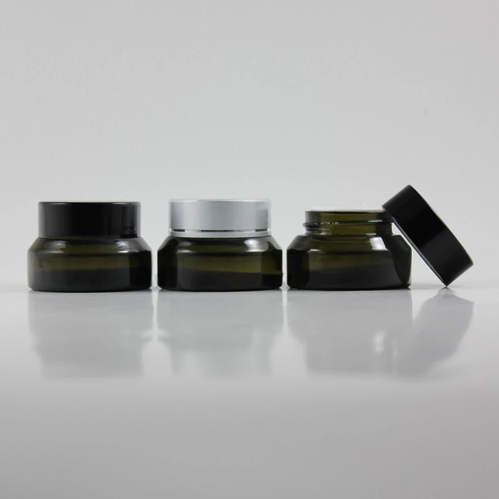 

30pcs 15g olive green glass cream jar with black or silver aluminum lid, glass empty 15g cosmetic jar for sample or eye cream