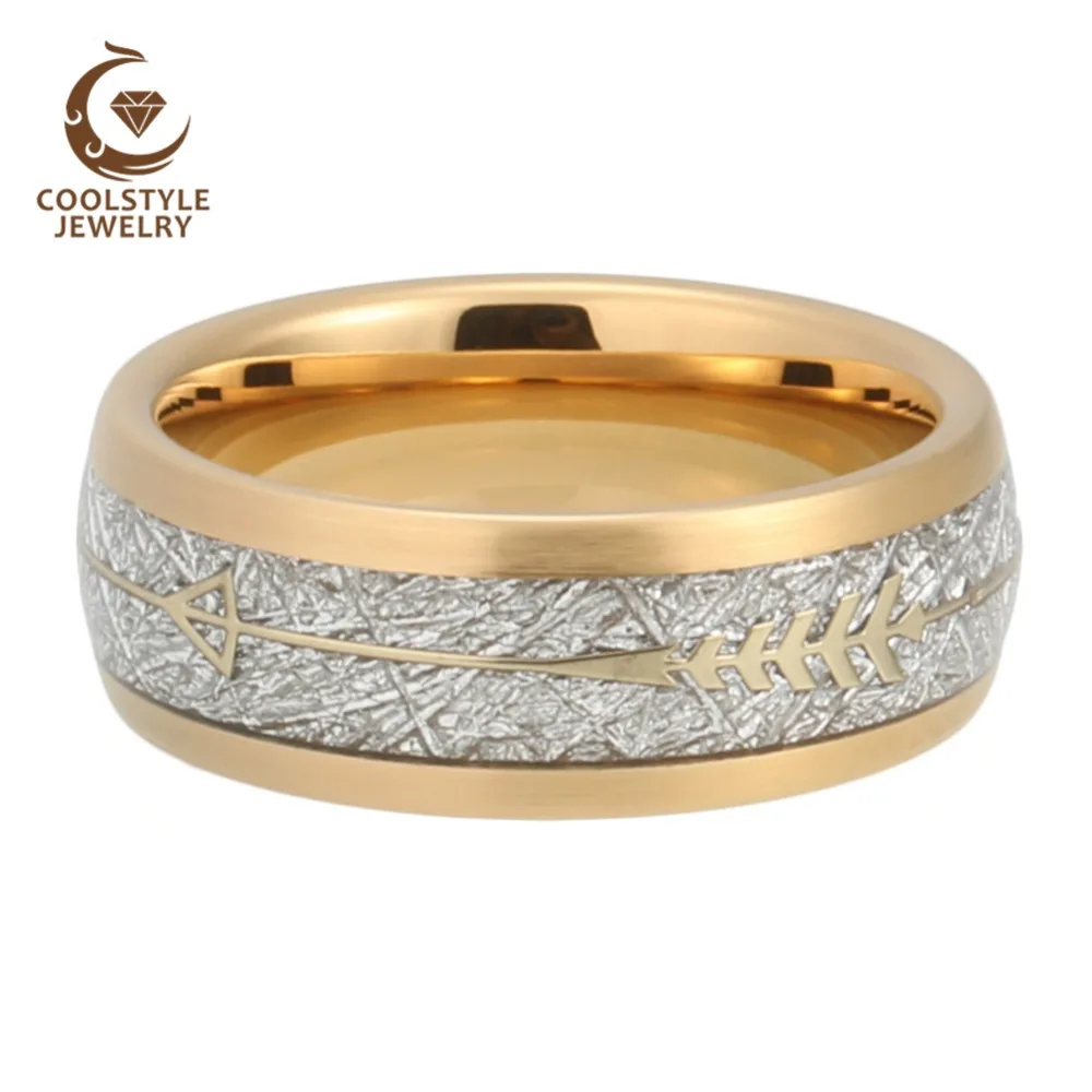 Золотое обручальное кольцо для мужчин и женщин, вольфрамовое кольцо с золотой стрелкой и имитацией серебряного метеорита, инкрустация