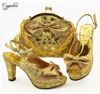 

Charming wedding/party set lady sandal shoes with handbag set mm1089 in gold, heel height 10cm