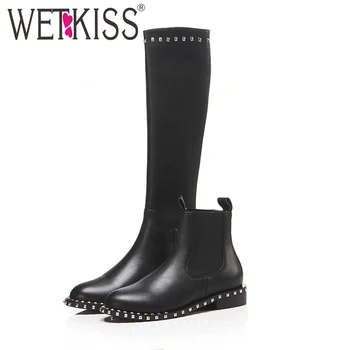 

WETKISS Low Heels Women Ankle Boots Round Toe Footwear Cow Leather Female Chelsea Boot Rivet Shoes Woman 2020 Winter Boots Black