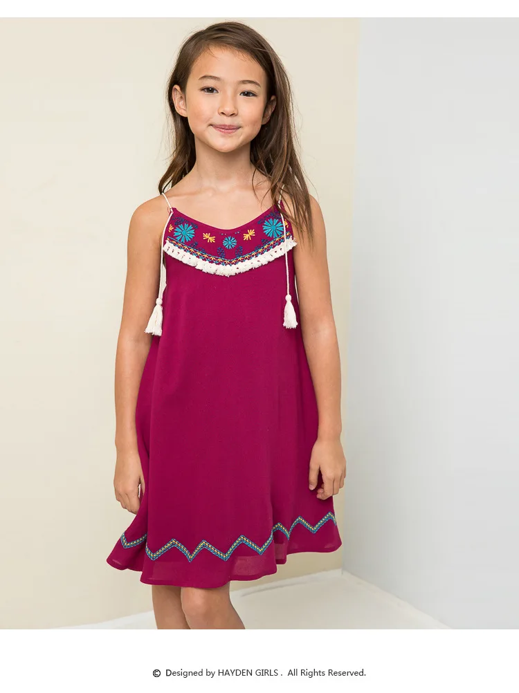 Big Kids Girls Embroidered Floral Tassel Dresses Junior Fashion Cotton