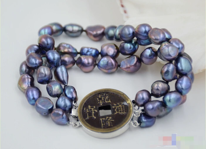 

P4784 3row 8" 10mm peacock black baroque freshwater cultured pearl bracelet @^Noble style Natural Fine jewe SHIPPING new >>free