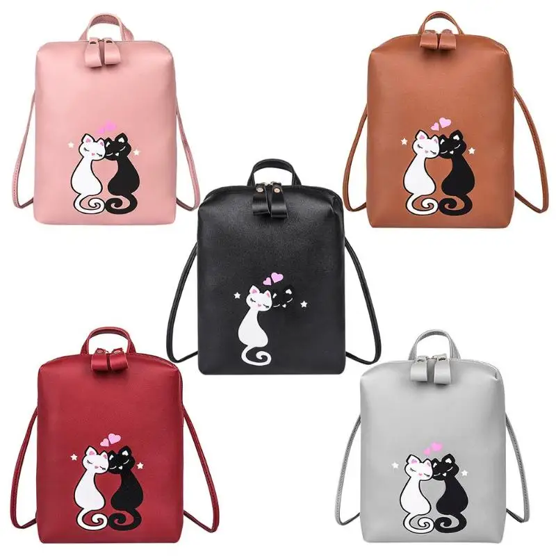 

Cute Cat PU Backpack Cartoon Embroidery Backpacks For Teenage Girls Casual School Bag Fashio Black Printing Rucksack mochilas