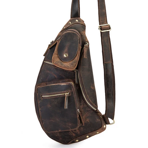 Винтажная мужская кожаная нагрудная сумка Crazy Horse, брендовая маленькая сумка-мессенджер из натуральной кожи, мужская сумка через плечо ручной работы M3226 - Цвет: BROWN