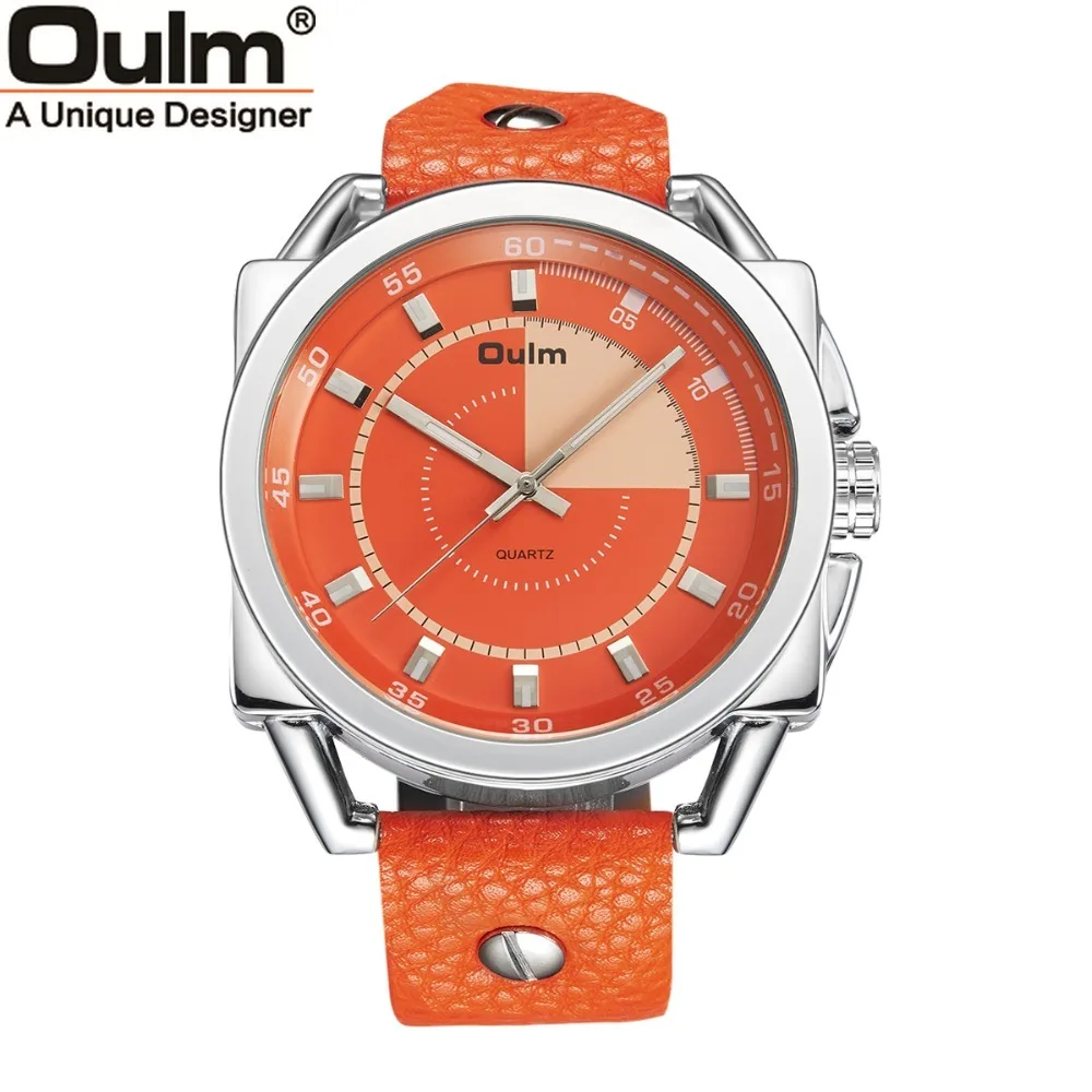 

Oulm New Design Mens Watch Teenager Funny Quartz Sports Man Watch Fashion Watch Genuine Leather strap Wristwatch with Calendar