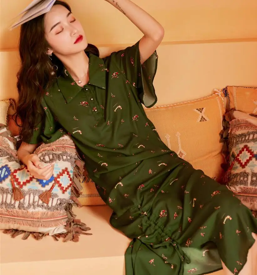 

2019 new fashion women's dresses Summer flare sleeve drawstring loose print dress