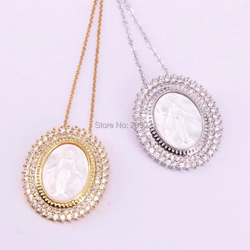 

5Pcs Silver / Gold Color Micro Pave CZ Natural White Shell Carved Jesus Pendant Fashion Necklace