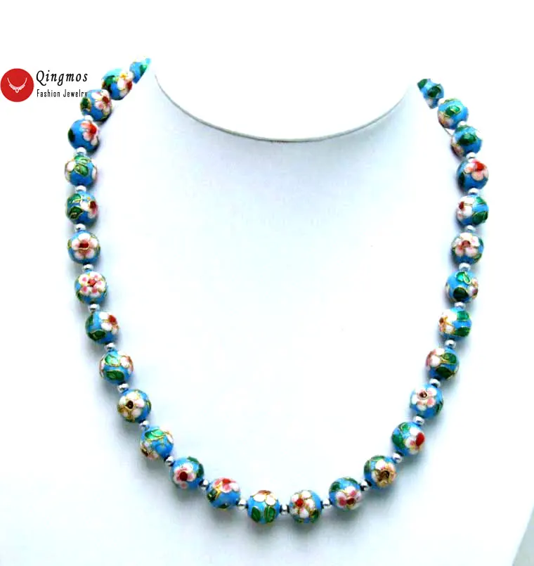 Qingmos зеленый Cloisonne колье ожерелье для женщин с 12 мм зеленый круглый Cloisonne белый цветок 2" ожерелье изящное Newelry-5382 - Окраска металла: Sky-blue